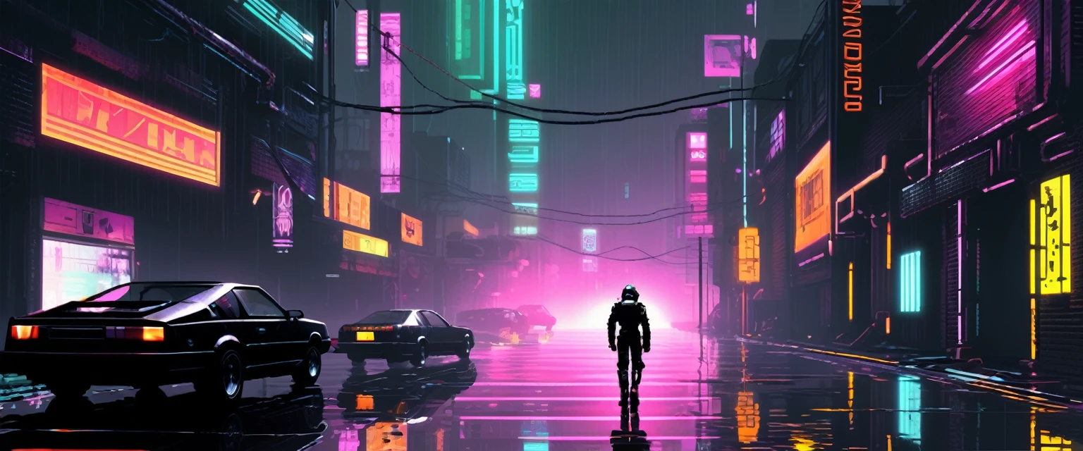 pixel art, wallpaper, (( screenshot of a 90s game , Noir technological storm, torrents of data rain falling from the virtual sky, neon reflections shining on wet asphalt. , pixel art, 1996 gameplay )), em Extravagante uma foto Time-Lapse de um Cybersuit Robo-explorer , industrial , close up, Candid, perfil, gauze , Cyber-urban , punk blade , Galactic Rebellion , Virtual refuge ,