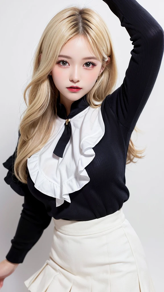 (((forehead、Blonde、Northern Europe、White people、beautiful girl、Blonde、White background、Idol、uniform、mini skirt)))、table top, highest quality, figure, super detailed, finely, High resolution, 8k wallpaper, Perfect dynamic composition, detailed and beautiful eyes, Deco out,bionde, medium hair, super big breasts, Natural color lip,white background, random cute poses,frill dress
