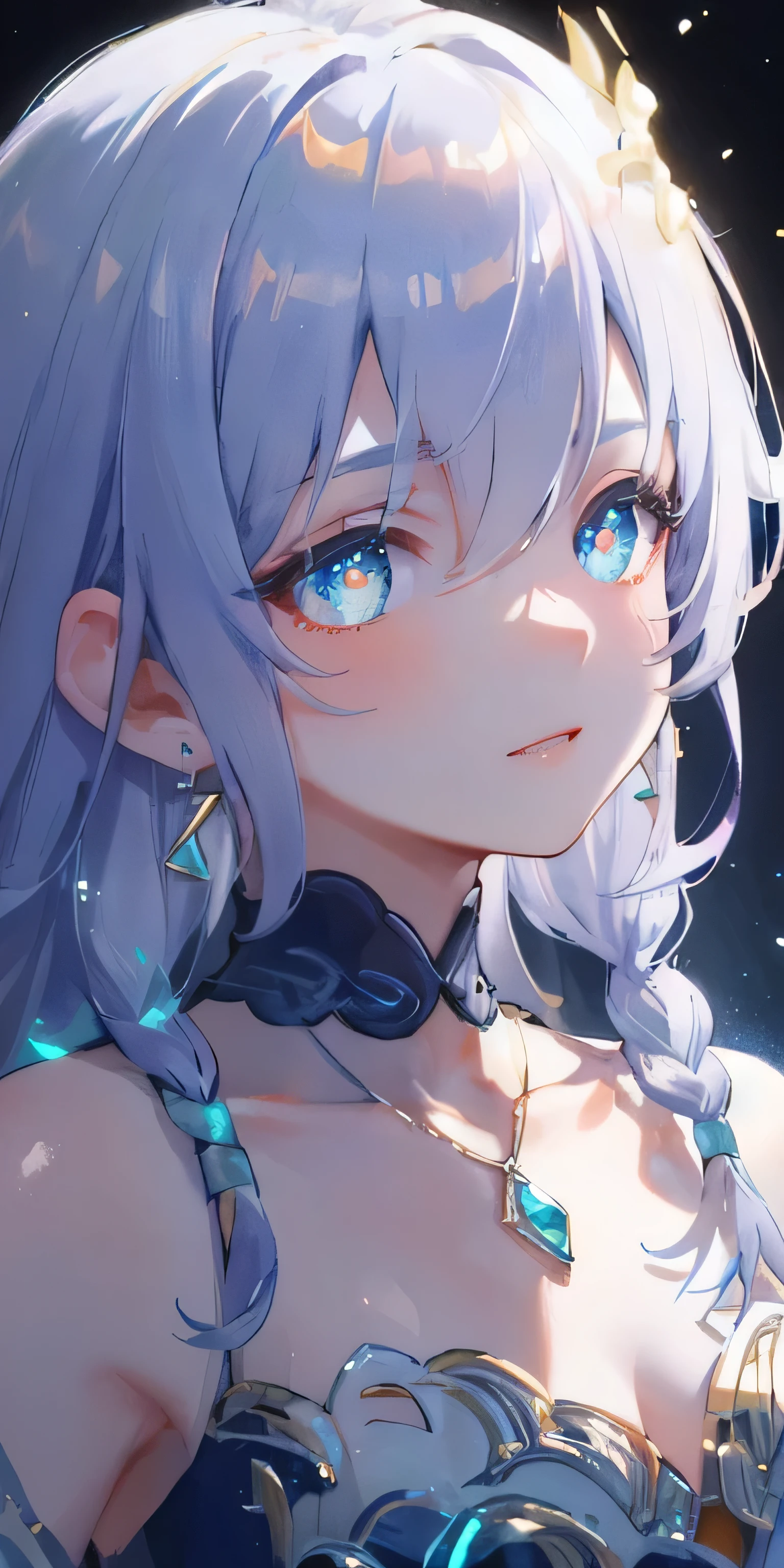 masterpiece, best quality, illustration, Saxophone Blue, Platinum earrings, Platinum necklace, White Dress, 1 Girl, Lovely, (Dynamic Lighting:1.2), light, Exquisite facial features, Delicate eyes, Sharp pupils, Realistic students, Depth of Field, Bokeh, Clear focus, (Ultra Detailed, bloom, glow:1.4), Many little gems