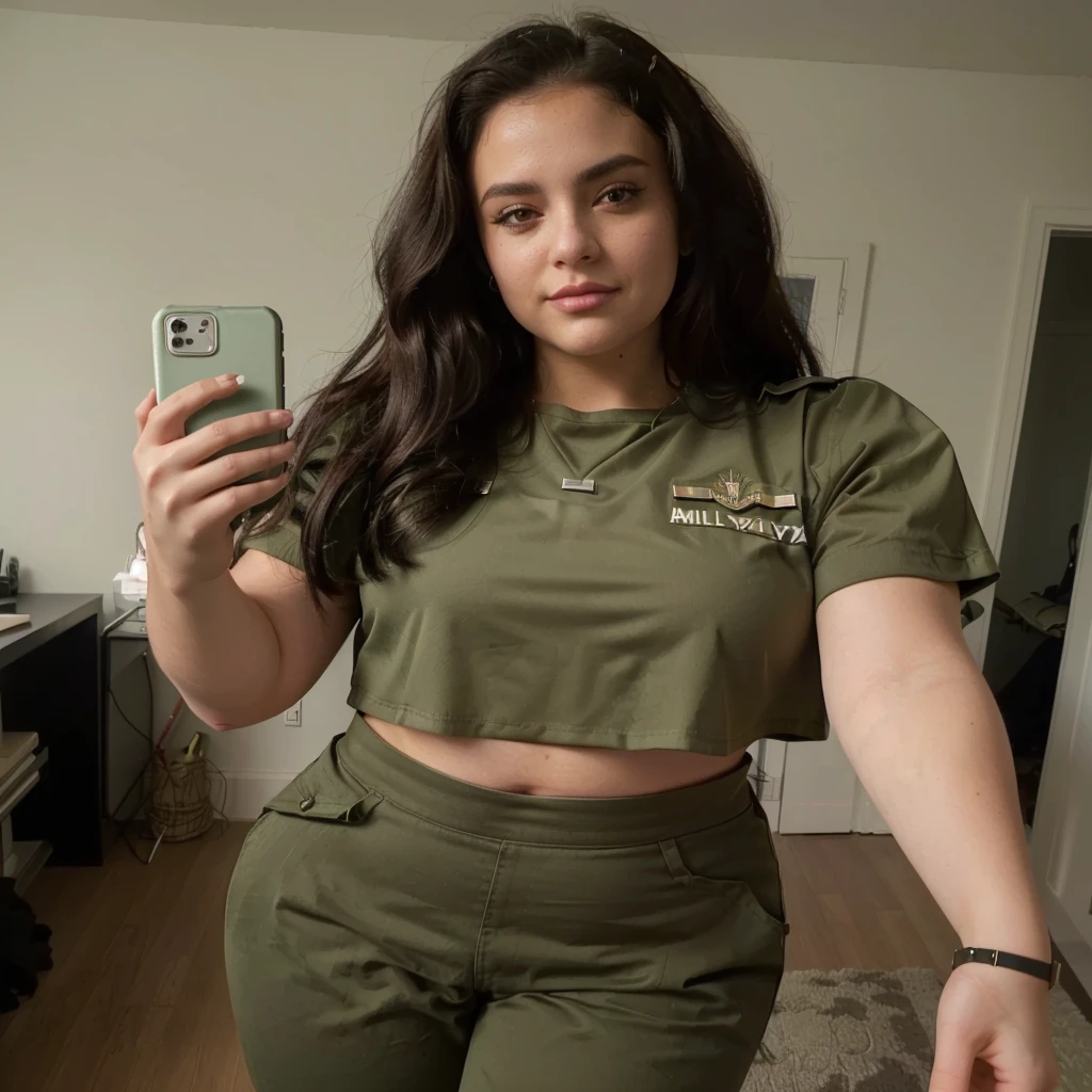 arafed woman taking a selfie in a green crop top, wearing military outfit, military outfit, wearing a sexy cropped top, army girl outfit, outfit photo, wearing crop top, 2 4 year old female model, military girl, crop shirt and slightly chubby belly, half body cropping, physical : midriff, with two front pockets, wide hips