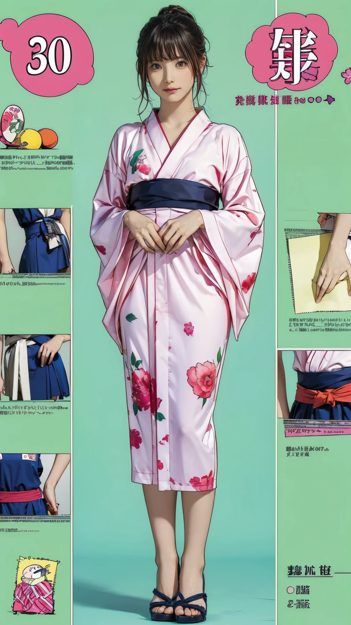 ((masterpiece)),(((Highest quality))),((Character design sheet)),Thin thighs,Long legs,masterpiece, colorful japanese yukata,woman, 30 years old,