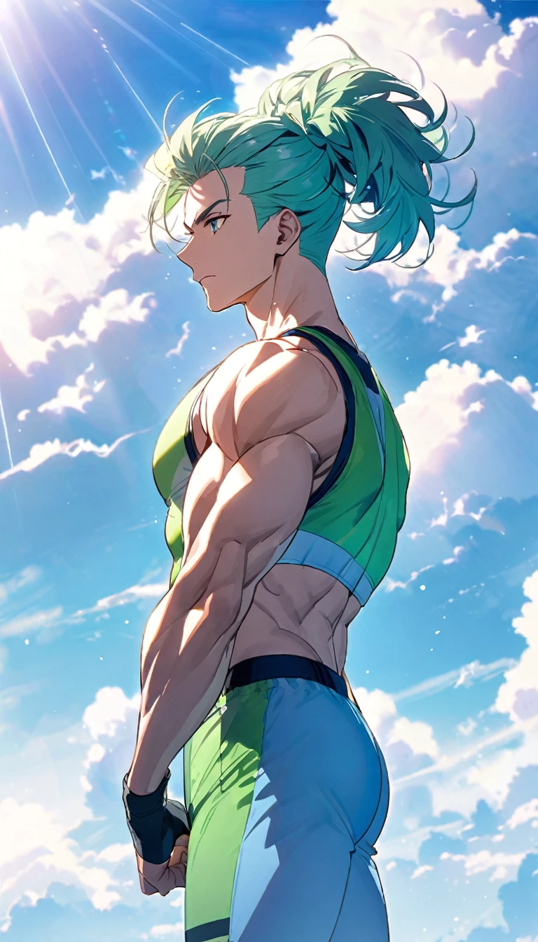 A muscular man wearing a sky blue and green fitness outfit,Cool hairstyle,Blue sky and white clouds,Sunlight