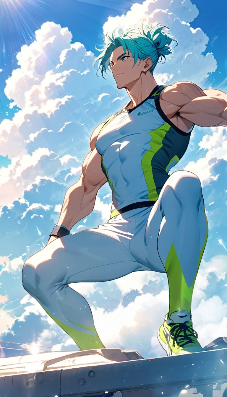 A muscular man wearing a sky blue and green fitness outfit,Cool hairstyle,Blue sky and white clouds,Sunlight