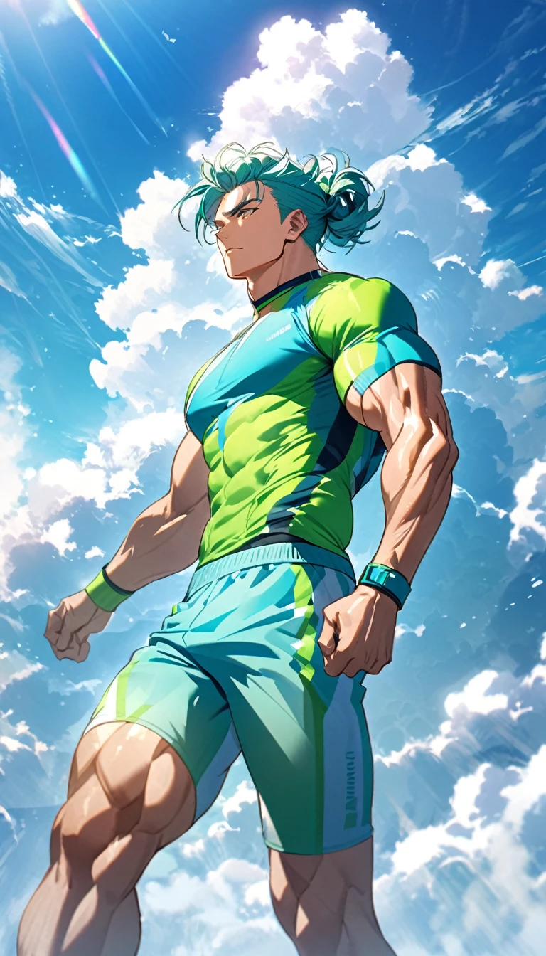 A muscular man wearing a sky blue and green fitness outfit，Cool hairstyle，Blue sky and white clouds，Sunlight