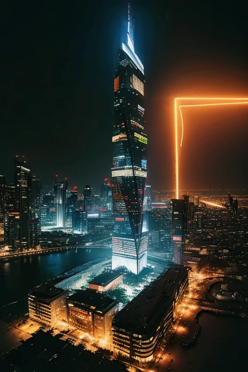 a futuristic cyberpunk city, neon lights, rainy night, skyscrapers, flying cars, detailed architecture, moody atmosphere, cinematic lighting, dramatic shadows, vibrant colors, dystopian, gritty, hyper-realistic, 8k, high quality, masterpiece