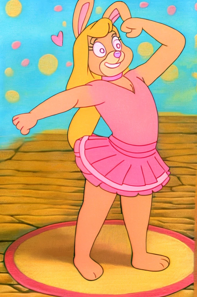 Furry Yellow bunny with white eyes with hot pink pupil and pink collar with a heart, with mat instead of chest without clothes just a skirt cartoonish Hanna-Barbera type, Women, Mexican pink volume skirt, BALD, in cute pose