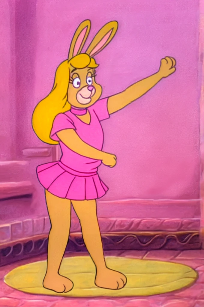 Furry Yellow bunny with white eyes with hot pink pupil and pink collar with a heart, with mat instead of chest without clothes just a skirt cartoonish Hanna-Barbera type, Women, Mexican pink volume skirt, BALD, in cute pose