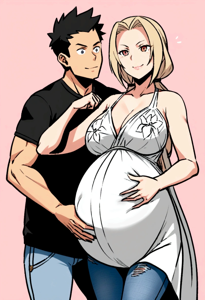 Pregnant Tsunade dressed in a white summer dress with a flower print, together with Jiraya dressed in jeans and a white t-shirt