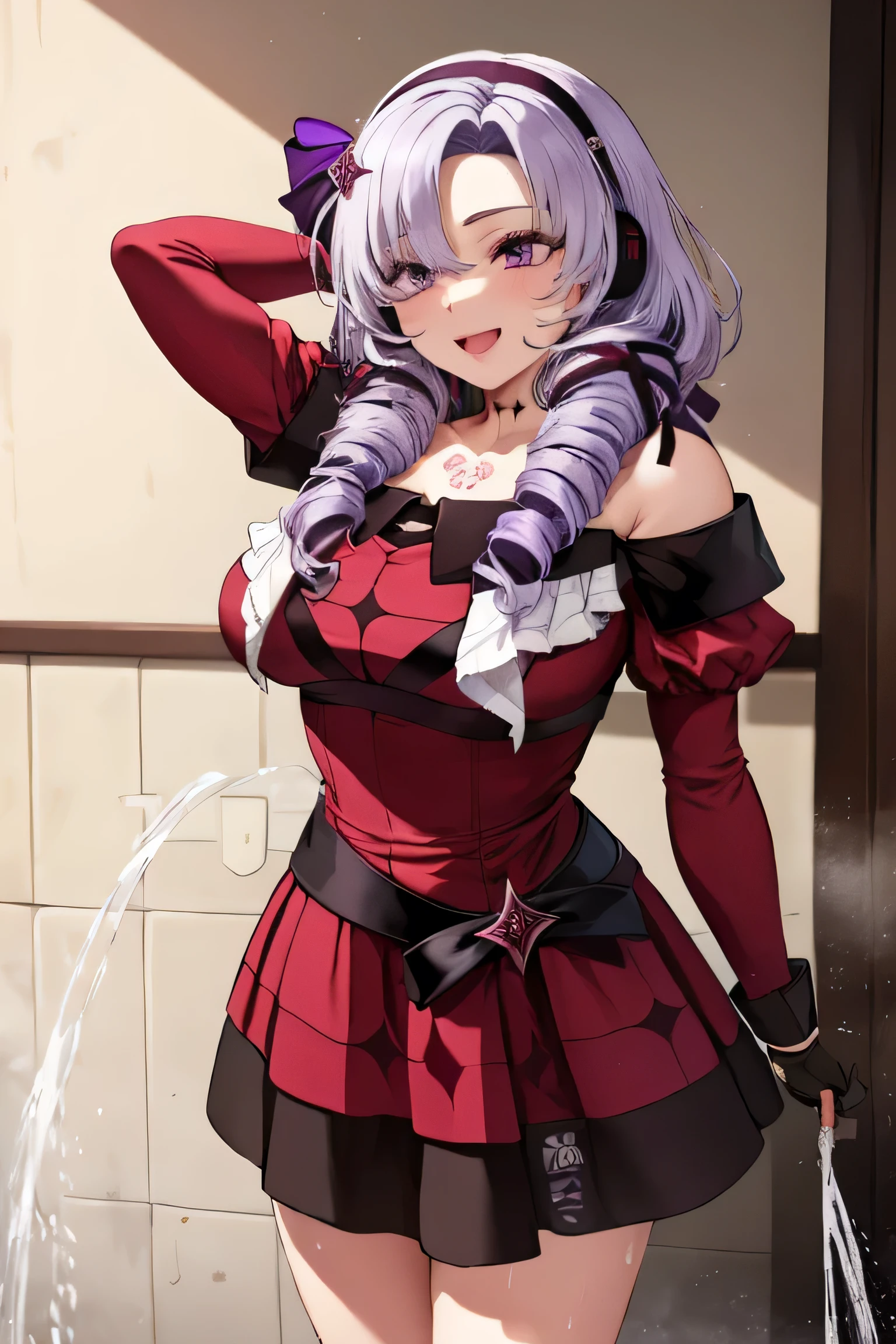 beautiful, (masterpiece:1.2), (Highest quality:1.2), Perfect Eyes, Perfect Face, Perfect lighting,One girl, Oily skin,masterpiece, Highest quality, High resolution, (Salome), Drill Hair, Parted bangs, hair band, ribbon, Purple eyes, Large , tattoo, ((Red tight dress made of cupra material)),,Long sleeve,  shoulders, Black gloves, Cowboy Shot,Open your mouth,((headset)),Constricted eyes,),((( splashes))),smile,