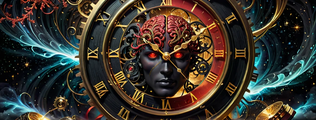 A high-resolution image black, red and golden color.  featuring a detailed clock intertwined with elements symbolizing time and the brain. The clock’s gears and hands are intricately designed, partially merging with a human brain, where neurons are visibly firing. Surrounding the clock and brain are books, floating in mid-air, their pages turning as if moved by an unseen force. Energy particles, glowing softly, swirl around the scene, adding a touch of magic. The background is an ethereal, soft-lit space, enhancing the mystical and intellectual atmosphere.