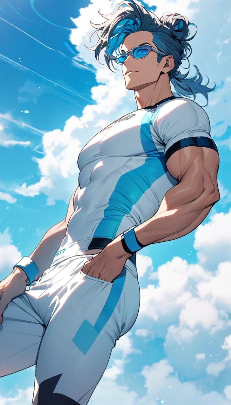 A muscular man wearing a white and sky blue fitness outfit，Cool hairstyle，Cool glasses，Blue sky and white clouds