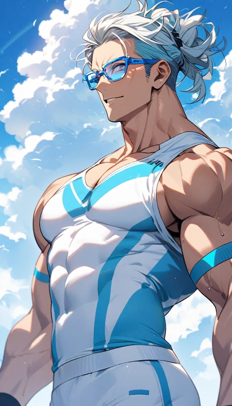 A muscular man wearing a white and sky blue fitness outfit,Cool hairstyle,Cool glasses,Blue sky and white clouds