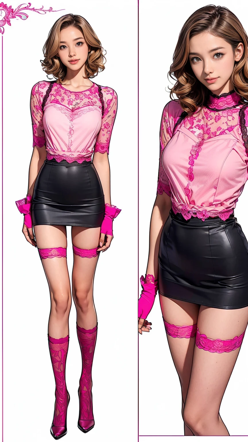 ((masterpiece)),(((Highest quality))),((Character design sheet)),Thin thighs,Long legs,A very cute 20 year old young woman from Japan.., ((Thin hair that is somewhere between brown and blonde)), ((Short hair with side waves)),Medium bust size、Small breasts、 (((Please wash your hands))),(Curly Hair),(((A very kind smile))), (((She wears pink, Red and magenta lace panties))),(((Wearing a black tight skirt, but、it is'turned over in her hands.))),(((He is wearing a black and white striped shirt.。))) Highly detailed lips, Beautiful Eyes, City Street,