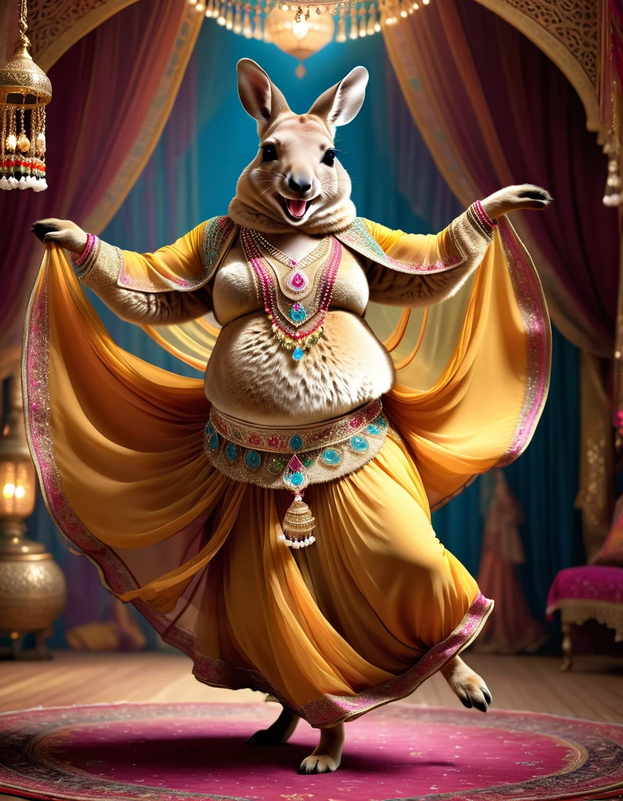 photorealistic portrait of Dressed animals - a ((fat)) ((kangaroo)) dancer,(furry), (dynamic dancing:2.0), (swinging arms :2.0),(happy smile:1.5),high quality,(happy),(lovely) ,intricate details, (sheer veil), highly detailed (( gypsy belly dancing clothes)) ,highly detailed decorations of clothes, Wearing gypsy belly dancing clothes, , (happy), soft lighting,(full body image:1.5),Arabian palace background,(),