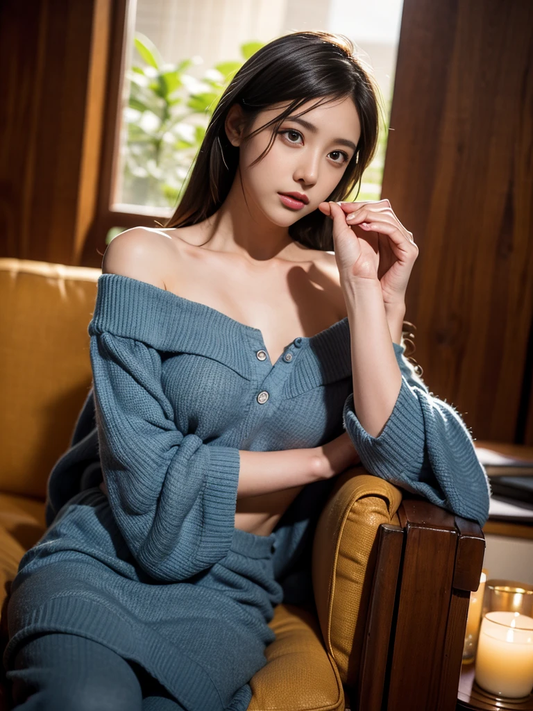 ((highest quality)), ((table top)), (be familiar with), perfect face (((M-shaped legs、:1.4, highest quality)), (1 girl), (perfect anatomy), break, pretty girl, (messy hair), (light orange eyes), flat chest,face to face,Wearing a short knit dress、emphasis on the protrusion of the nipples,、nipple enhancement、Only one breast is sloppy、