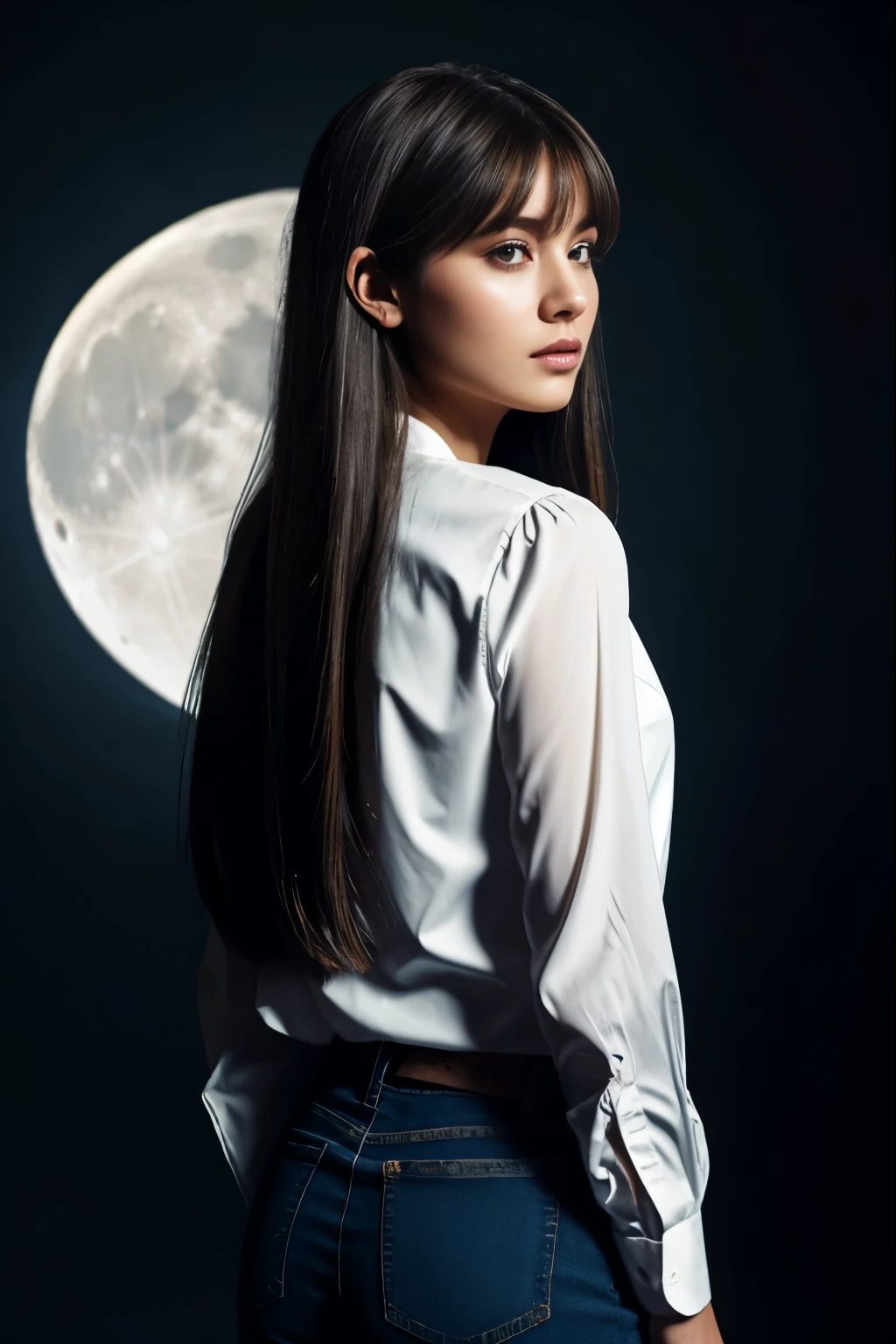 (((masterpiece))), (((best quality))), (1 woman), looking away from viewer, shoulderlong hair, falling on one side, side bangs, (realistic),  beautiful face, (sharp focus),(cinematic lighting),(extremely detailed), high contrast, moon surface in back, blue glowing. Amidst a breathtakingly detailed masterpiece of cinematic lighting, a radiant woman with shoulder-long hair and side bangs casts a captivating gaze at the otherworldly moonscape as her beautiful face, illuminated by high contrast and sharp focus, reveals the best quality she'd ever seen, while showcasing every fine detail of this grandiose scene. Di1araa.s. She is wearing a white blouse with blue jeans. Behind her is an old frightening house with shingles falling off. 