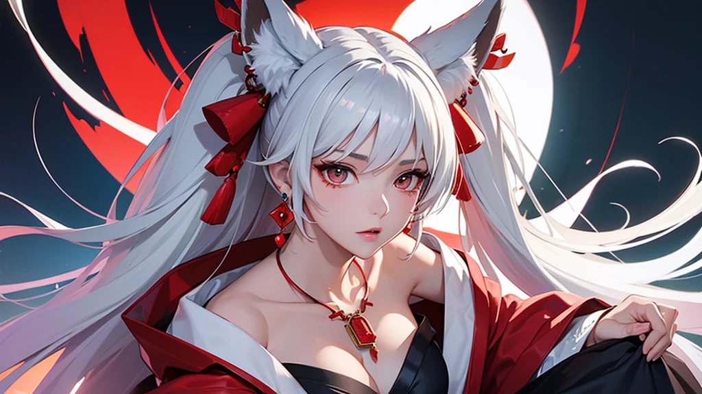 Ultra high definition。Full body drawing is required。Sitting flat。Enraged, he turns his face away。Red shoulder-baring kimono。Emerald Cyberpunk World Background。Side camera high angle bust zoom up。Mature Woman。White hair with fox ears。Emphasize cleavage。Earrings。necklace。brooch。Many hair accessories。