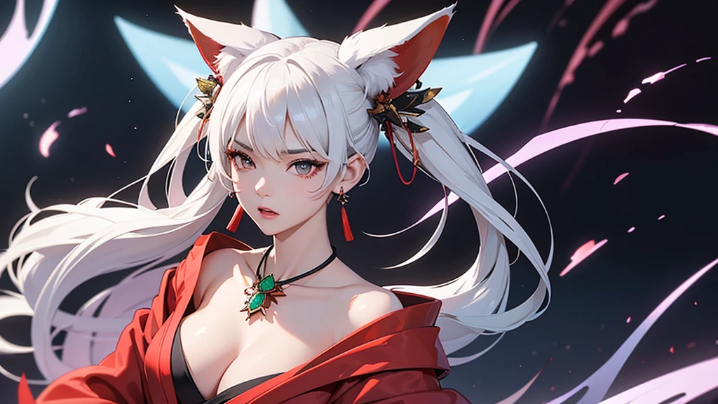 Ultra high definition。Full body drawing is required。Sitting flat。Enraged, he turns his face away。Red shoulder-baring kimono。Emerald Cyberpunk World Background。Side camera high angle bust zoom up。Mature Woman。White hair with fox ears。Emphasize cleavage。Earrings。necklace。brooch。Many hair accessories。