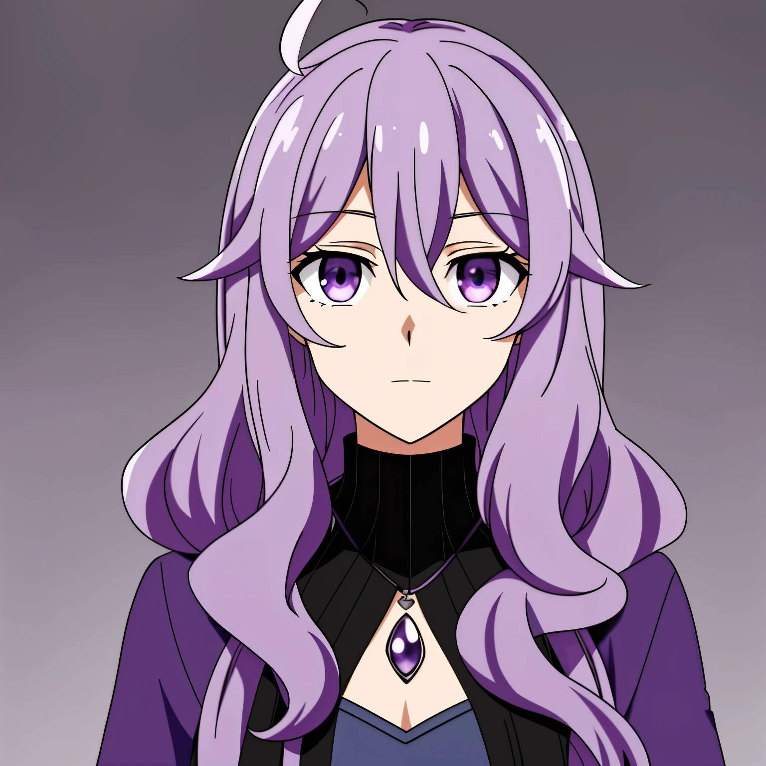 (high-quality, breathtaking),(expressive eyes, perfect face) 1girl, female , solo, 40yrs old, medium hair length, ahoge, wavy curly hair, multicolored hair, purple hair color, purple eye color, mature, purple headband, grey background, slightly narrow eyes, hooded jacket, dark purple blue shirt, modern attire, VFlower Vocaloid Male Version, silver star necklace, detailed eyes, portrait, Symmetrical Eyes, headshot, mum vibe, hex maniac (pokemon),
