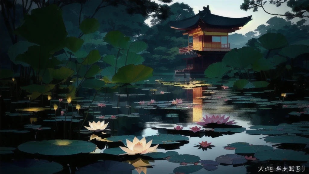 lotus flowers are floating in a pond with a pagoda in the background, lotus pond, Zen temple background, Digital painting of a pagoda, lotus flowers on the water, Anime beautiful peaceful scene, Quiet and peaceful atmosphere, Beautiful anime scene, lotus, Beautiful art UHD 4K, lotus flowers, Japanese 3D 8K Ultra Detailed, Beautiful Numbers