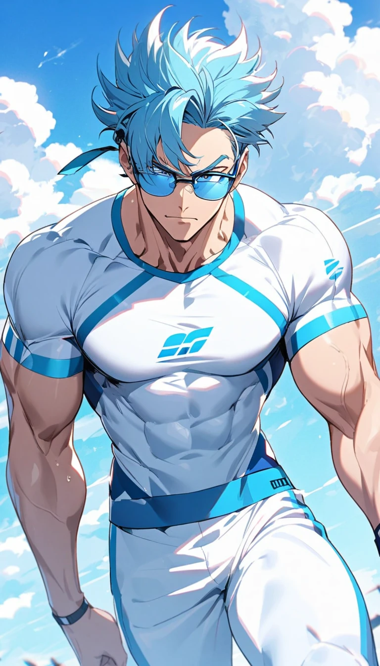 A muscular man wearing a white and sky blue fitness outfit,Cool hairstyle,Cool glasses,Blue sky and white clouds
