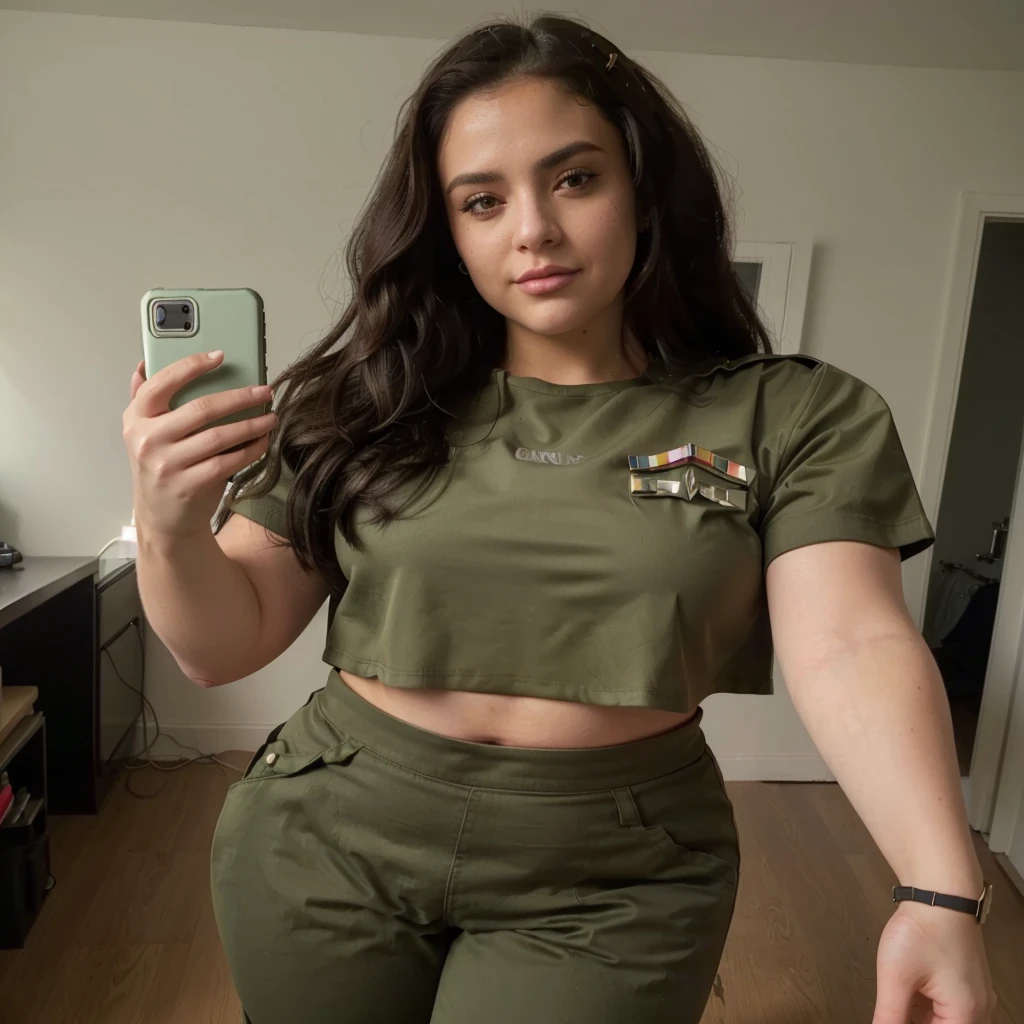 arafed woman taking a selfie in a green crop top, wearing military outfit, military outfit, wearing a sexy cropped top, army girl outfit, outfit photo, wearing crop top, 2 4 year old female model, military girl, crop shirt, slightly pregnant, half body cropping, physical : midriff, with two front pockets, wide hips