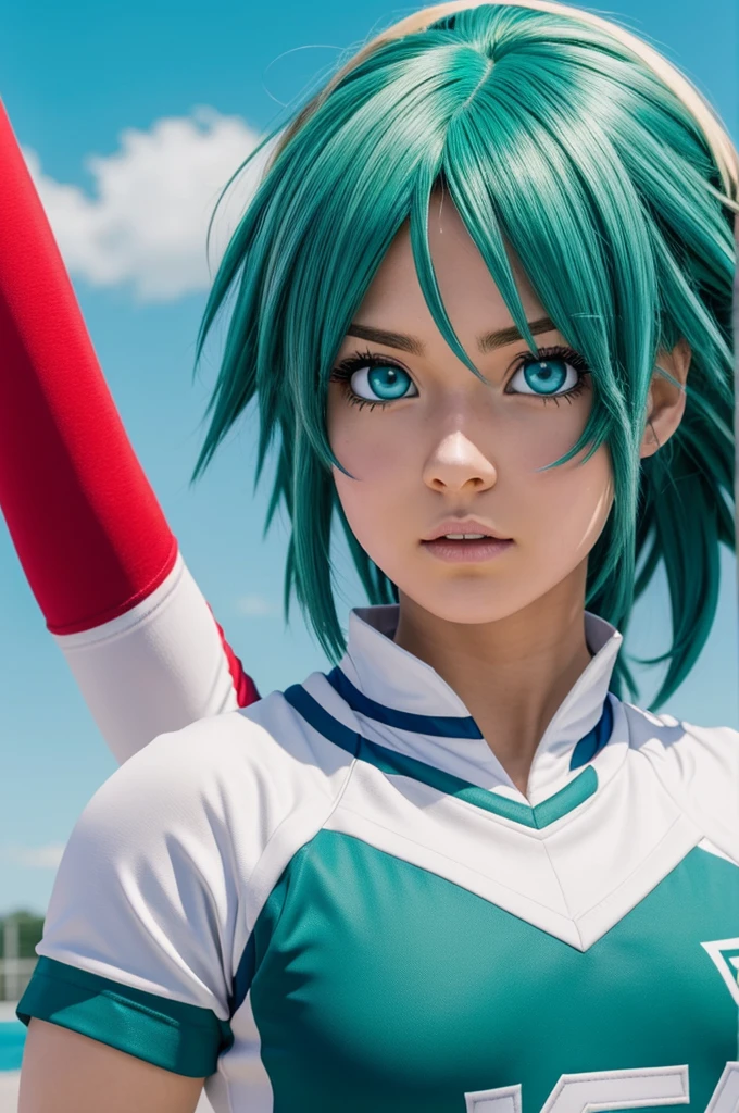 my hero AcAdemiA estilo Anime, chicA piel pAlidA, pelo blAnco con puntAs celeste, greenish blue eyes, mAquillAje rojo,sports uniform, fund u.A.,