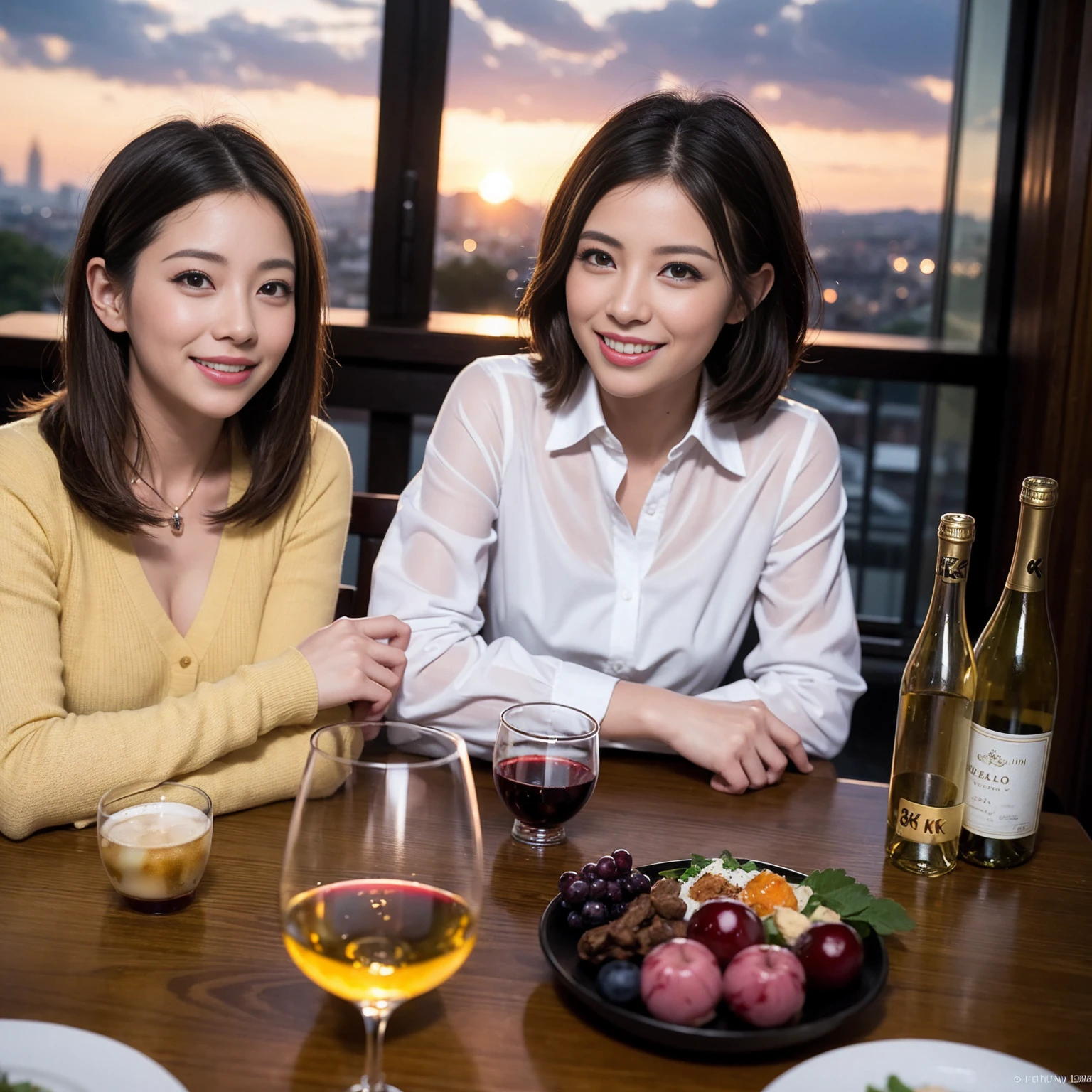 ((Highest quality、8K、masterpiece:1.3))、 (Genuineistic, Genuine、Bright image、Intricate details:1.2), 最高のsmile、1 male 1 female、Beautiful couple、Lovey-dovey lovers、Satomi Ishihara lookalike fiance、Good friends、actress couple、smile、Full-course dinner at a packed table、 (Slim face), (the body is slim), (Brown Hair), (short hair), テーブルのwine glass、Please shine a light on my face、 Amazing view of the sunset sky and clouds、42 years old 39 years old, red wine 、Appetizers、Wine bottle、sparkling wine、Long sleeve shirt、dress、White wine, red wine, wine glass,