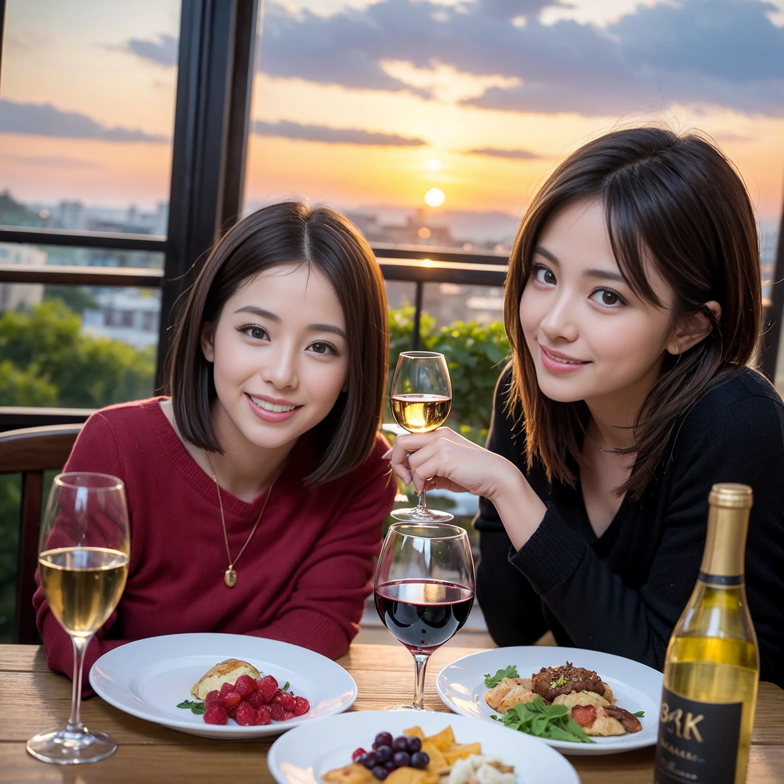((Highest quality、8K、masterpiece:1.3))、 (Genuineistic, Genuine、Bright image、Intricate details:1.2), 最高のsmile、1 male 1 female、Beautiful couple、Lovey-dovey lovers、Satomi Ishihara lookalike fiance、Good friends、actress couple、smile、Full-course dinner at a packed table、 (Slim face), (the body is slim), (Brown Hair), (short hair), テーブルのwine glass、Please shine a light on my face、 Amazing view of the sunset sky and clouds、42 years old 39 years old, red wine 、Appetizers、Wine bottle、sparkling wine、Long sleeve shirt、dress、White wine, red wine, wine glass,
