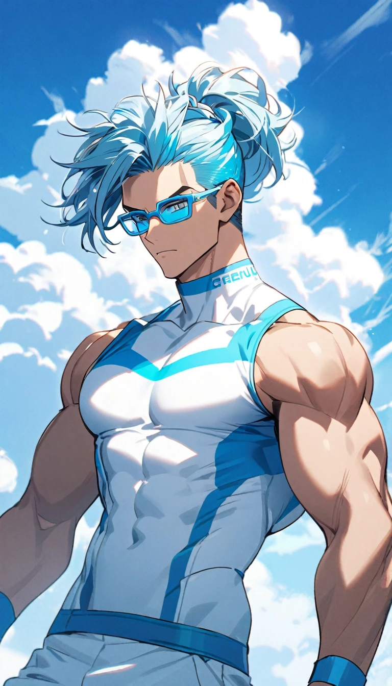 A muscular man wearing a white and sky blue fitness outfit，Cool hairstyle，Cool glasses，Blue sky and white clouds