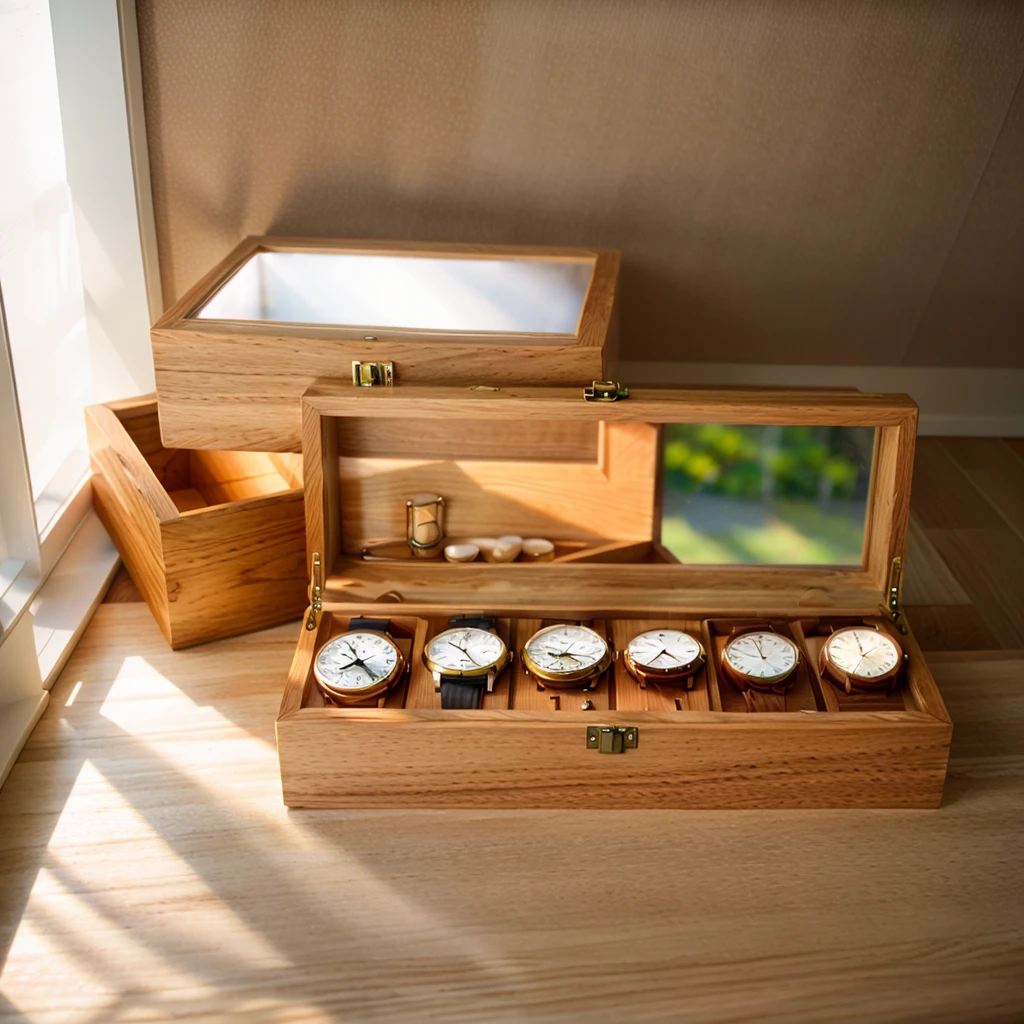In this cozy room,A ray of sunlight shone through the half-drawn curtains on the table,Let the wood grain on the watch storage box shine with a faint luster。There was a calm and peaceful atmosphere in the air around them。There are several still lifes hanging on the walls of the room,It adds a touch of elegance to the space。And on the other side of the room,The half-open window lets in the breeze,The pages on the small desk by the window turned in the wind,This quiet scene gives a sense of tranquility and comfort。