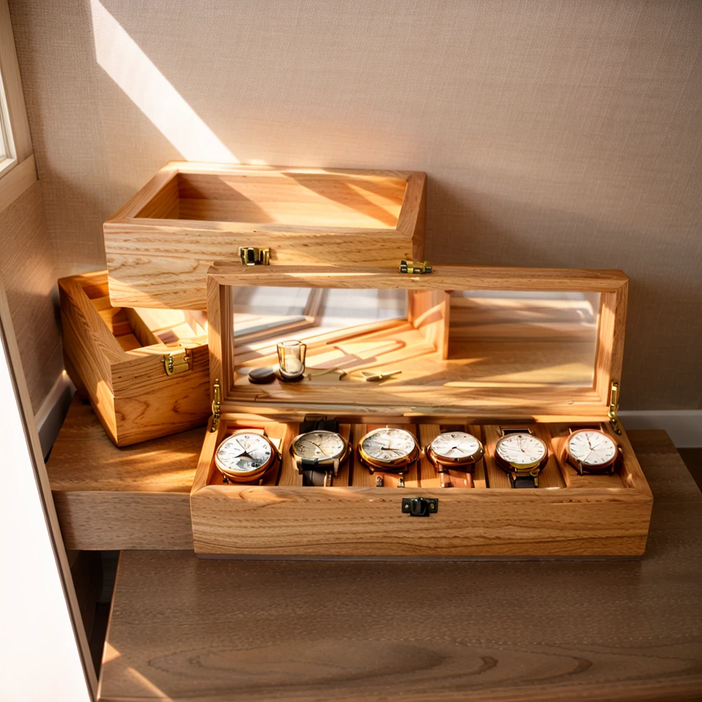 In this cozy room,A ray of sunlight shone through the half-drawn curtains on the table,Let the wood grain on the watch storage box shine with a faint luster。There was a calm and peaceful atmosphere in the air around them。There are several still lifes hanging on the walls of the room,It adds a touch of elegance to the space。And on the other side of the room,The half-open window lets in the breeze,The pages on the small desk by the window turned in the wind,This quiet scene gives a sense of tranquility and comfort。