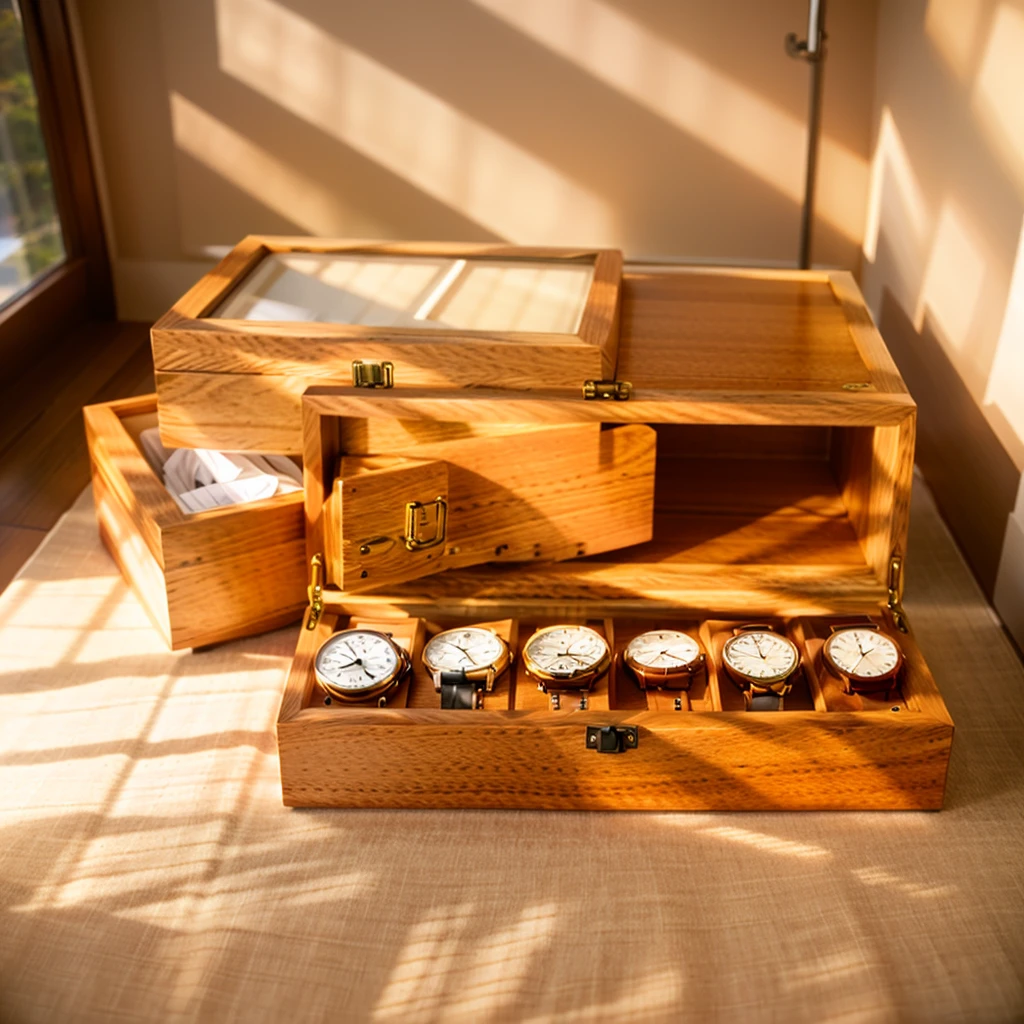 In this cozy room,A ray of sunlight shone through the half-drawn curtains on the table,Let the wood grain on the watch storage box shine with a faint luster。There was a calm and peaceful atmosphere in the air around them。There are several still lifes hanging on the walls of the room,It adds a touch of elegance to the space。And on the other side of the room,The half-open window lets in the breeze,The pages on the small desk by the window turned in the wind,This quiet scene gives a sense of tranquility and comfort。