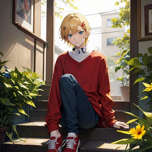 (masterpiece art, high best quality image, very detailed features)
1boy, 16 years old teenage boy, short blonde golden hair, blonde golden eyebrows, fair skin, light blue eyes, thin lips, sad face (scarlet red sweater, blue jeans, green soccer shoes, green butterfly hairclip)
Sitting in stairs, reflexing, Ottawa Canada, afternoon cloudy day