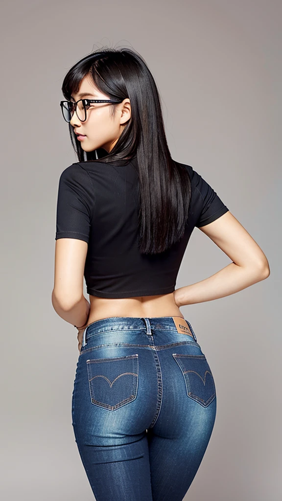 Cute dark skinned Chinese girl wearing glasses, detailed skin tight jeans, tight crop top, mid size butt,