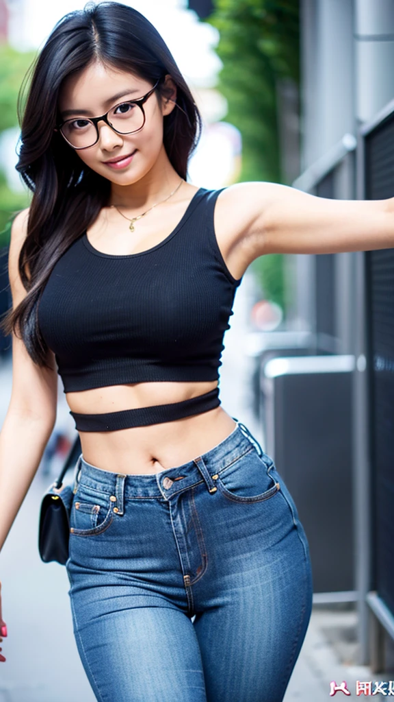 Cute dark skinned Chinese girl wearing glasses, detailed skin tight jeans, tight crop top, mid size butt,