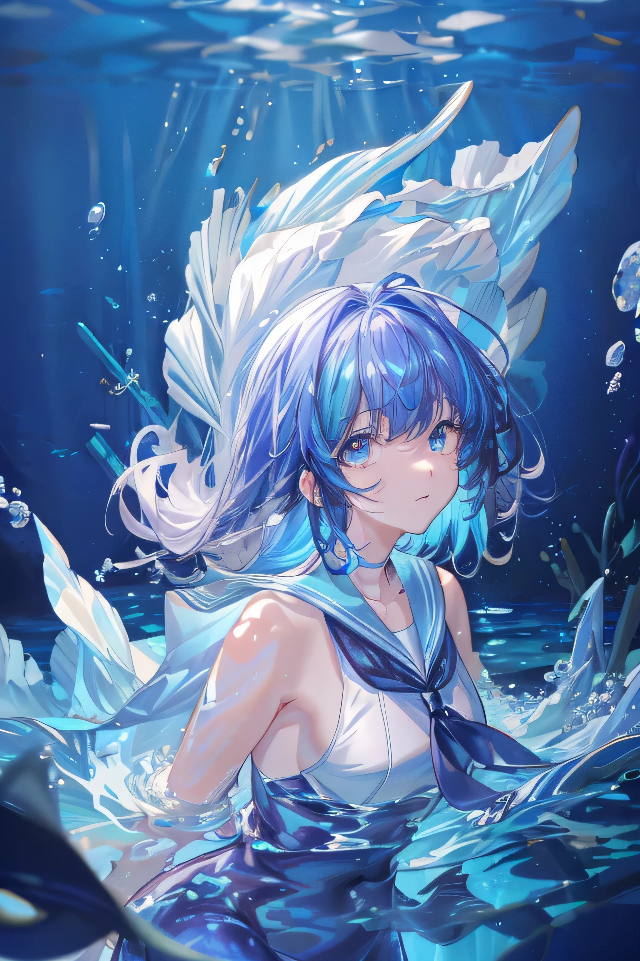 ((best quality)), ((highly detailed)), detailed face, beautiful face, , <lora:more_details:.2>, (1girl), full body, ((crop top hoodie)), ((water elemental)), ((colored skin, blue colored skin:1.3)), (((liquid hair))), short hair, wet hair, sea green hair, grey eyes, large breasts, <lora:water_concept:.7>, Fullwater, (liquid body, liquid, water), <lora:LiquidClothesV1fixed:1>, liquid clothes, waves, sea, water, green dress, water dress, sea foam, outside, near the ocean, beach, sunny day, sea gulls in background, (outdoors, at a desert, rocks, pyramid, midnight, night sky, stars, lunar eclipse, shooting star), <lora:XeeXeXe_v3:1>, xexexestl