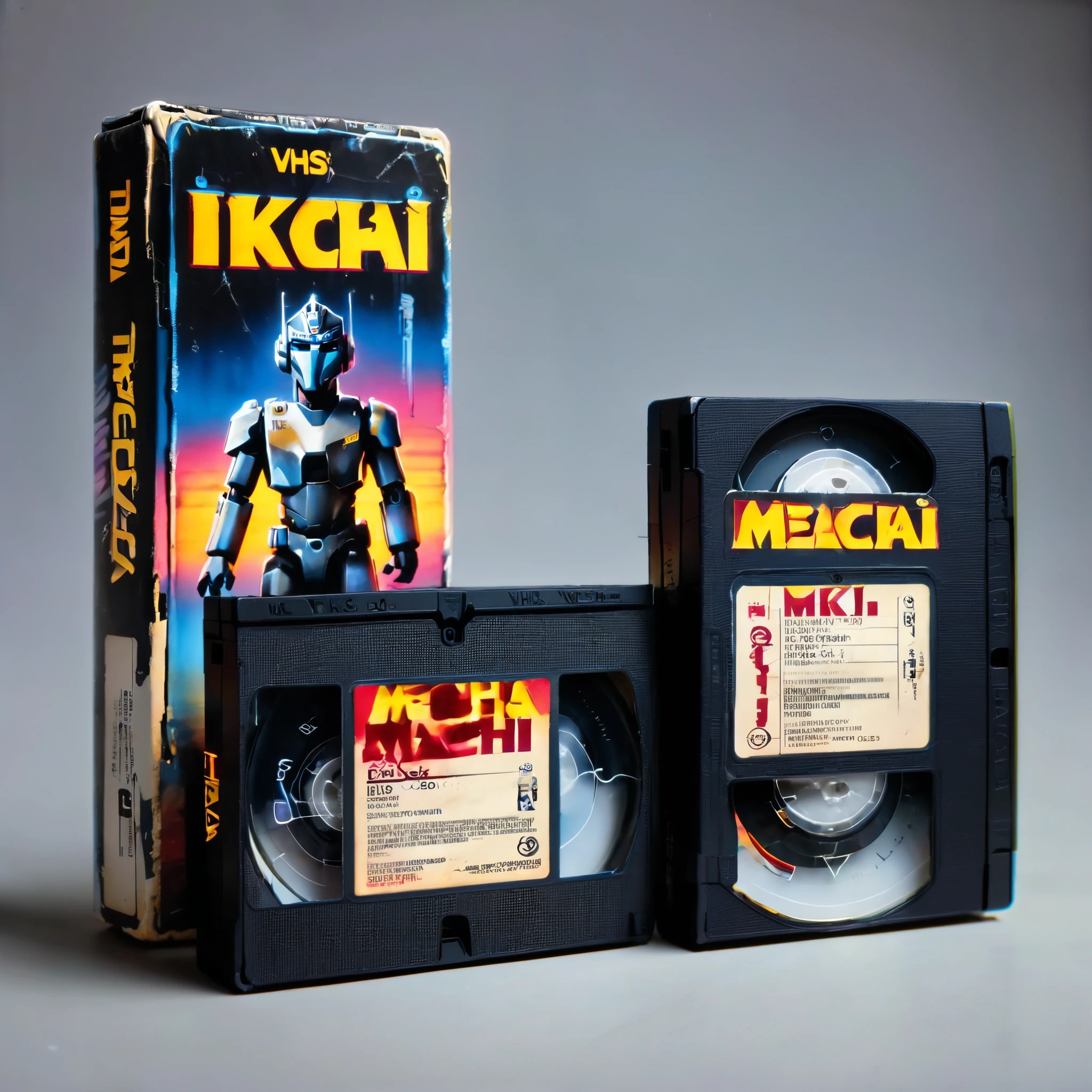 VHS tape, a movie called "Mecha" Ike Takagi, Sci-fi, dystopian, cyberpunk, neon lights, robotic elements, inspired by the works of Ridley Scott and Blade Runner.