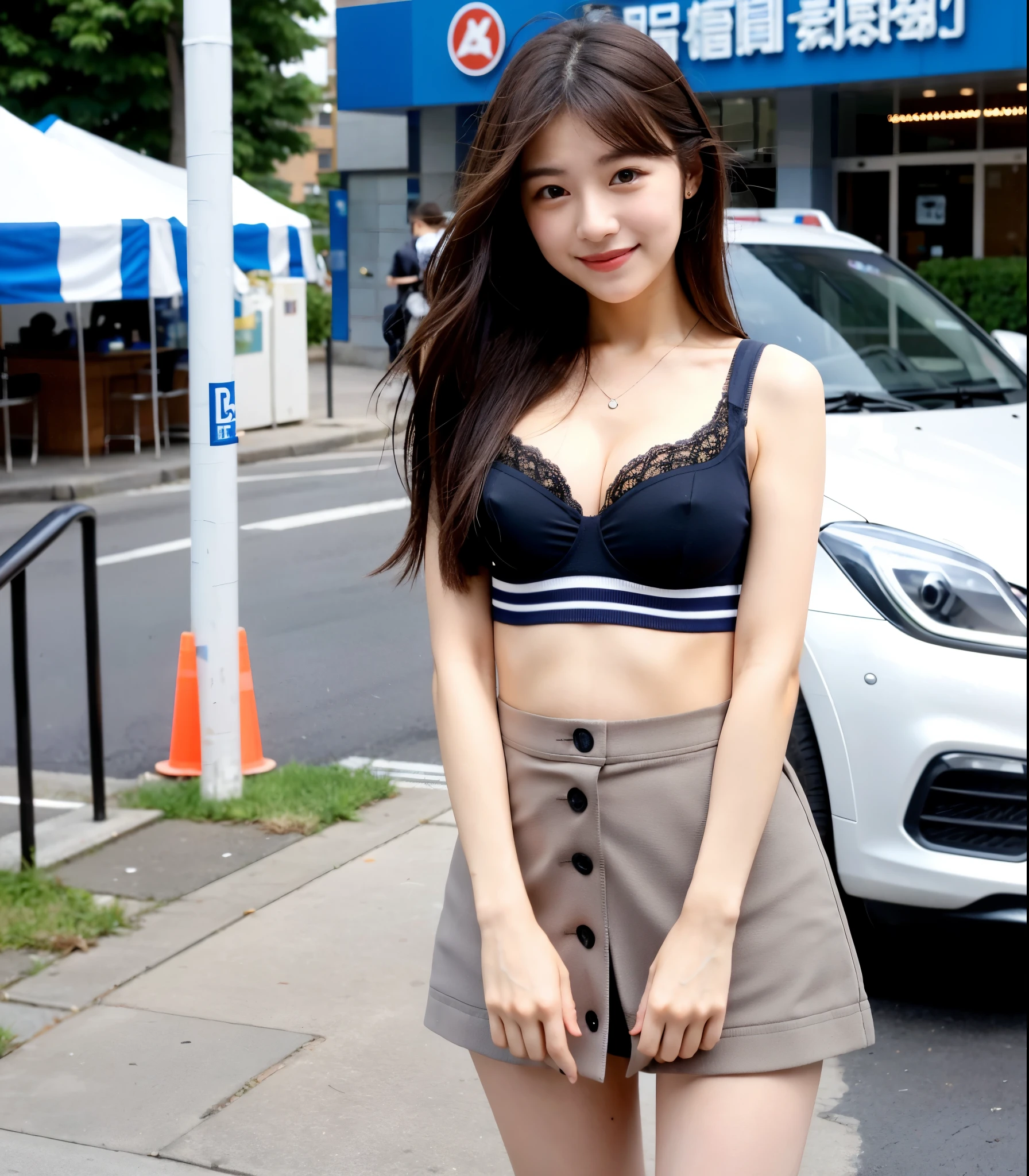 ((Highest quality)), ((masterpiece)), (detailed), Perfect Face, A 20-year-old girl who is as cute as an idol, A kind smile, very cute、Female police officer, Police uniform, はが見えるデザイン、、I'm wearing a 、、,  whole body, whole body像、City Sidewalk, Genuine stick, Genuine、Genuine