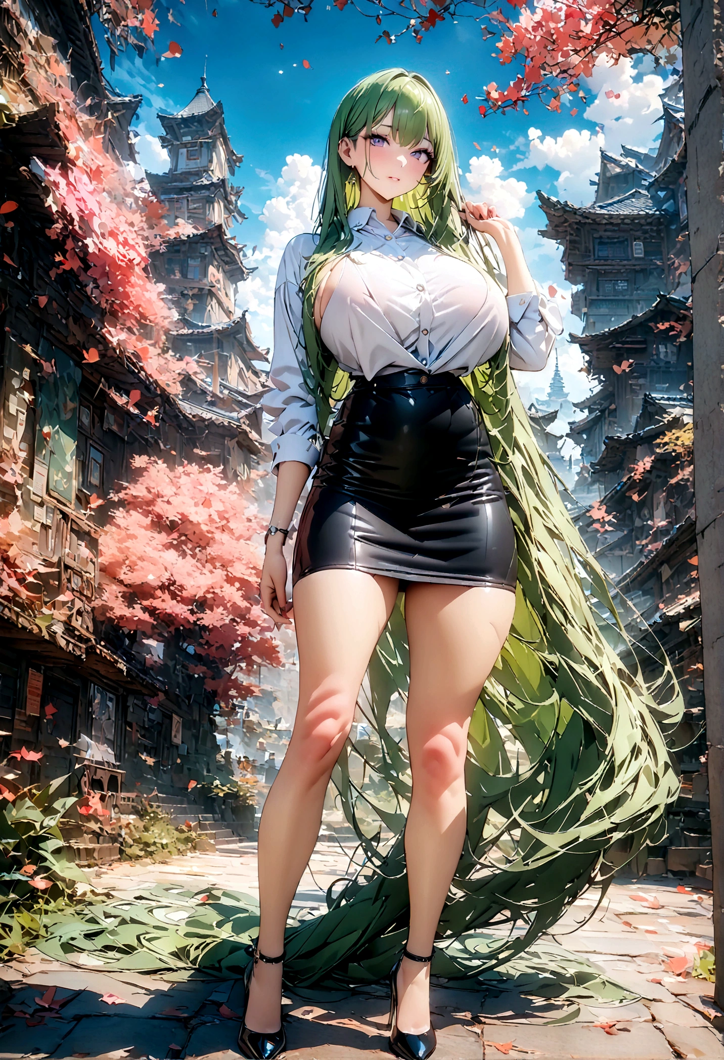 (masterpiece, top quality, best quality, official art, beautiful and aesthetic:1.0), (8k, best quality, masterpiece:1.2), very long hair, full body, (large breasts:1.4), very long hair, high heels, (pencil skirt:1.2), green hair, tall girl,