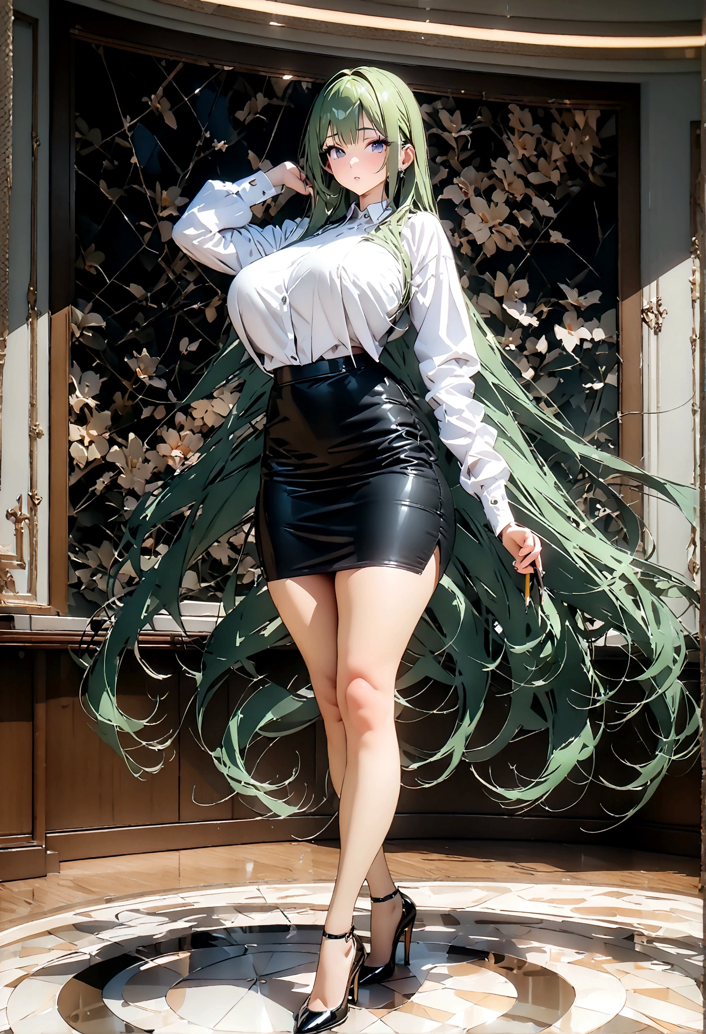 Girl with long green hair showing panties under skirt