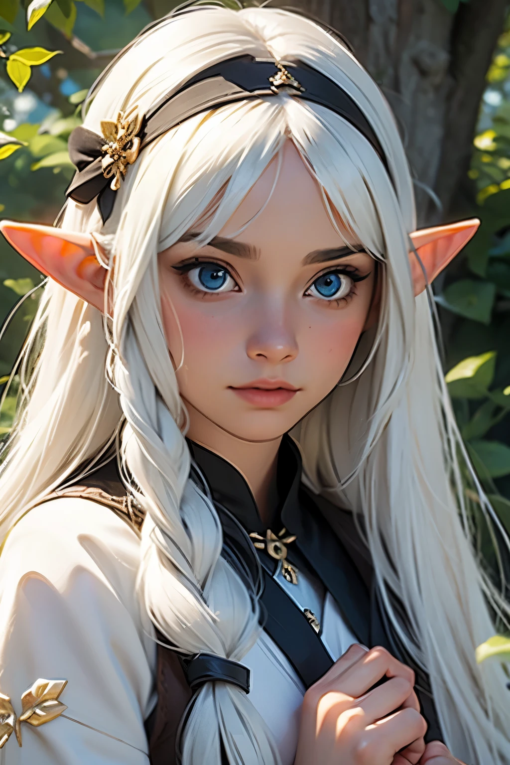 (work of art, best qualityer, sfw, por Sasha Khmel), 1 girl, closeup, detailedeyes, long  white hair, elf ears, wizard outfit, forst, impressionist dinner