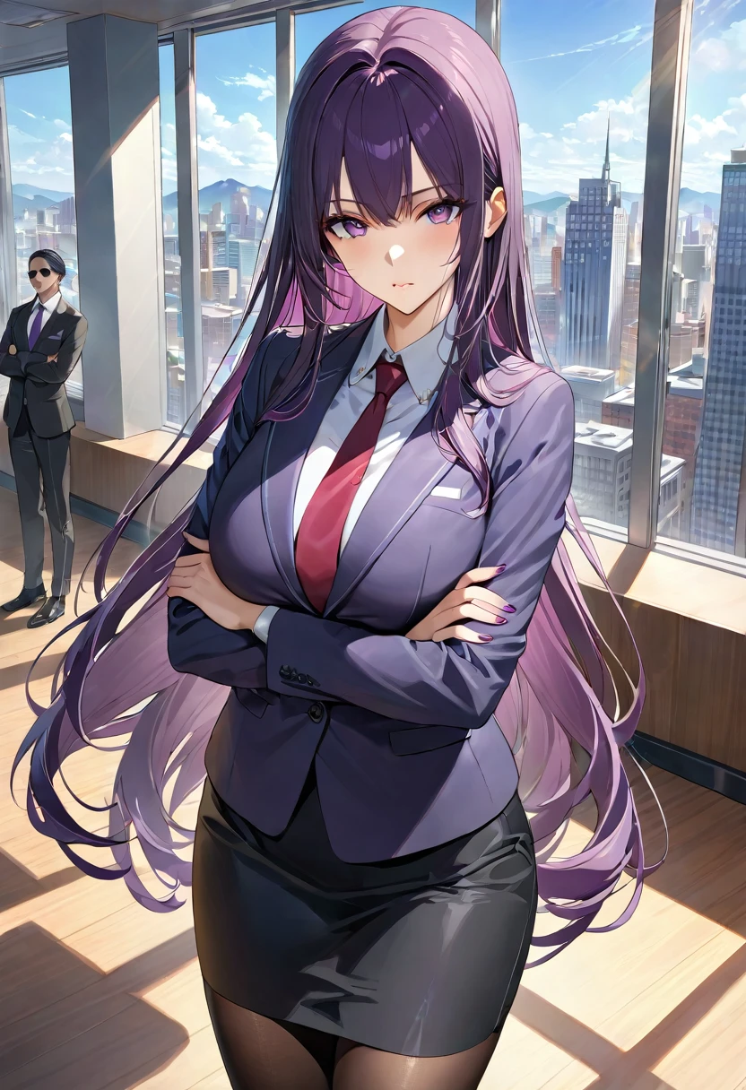 (masterpiece:1.37), Highest quality, (Very detailed:1.37), office, Windows overlooking the bustling street, woman, (mature:1.2), (Adult:1.2), (Very long hair:1.2), Dark purple hair, Purple eyes, (Very detailed eyes:1.3), chest, sunglasses, suit, tie, (Very long pencil skirt:1.3), pantyhose, Stand Upright, Daytime, shine, In-person audience, Perfect composition, Perfect light and shadow, 8K, (Arms crossed:1.2)