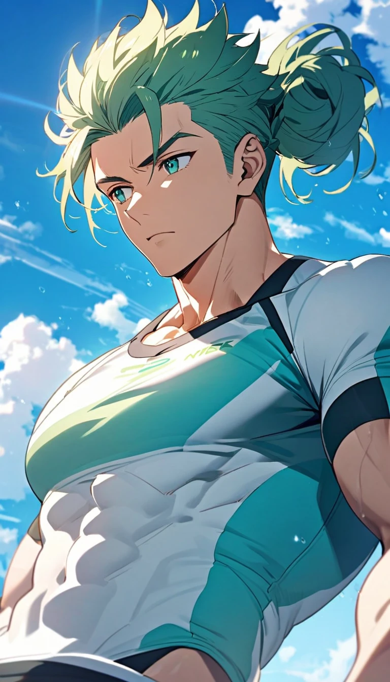A muscular man wearing a sky blue and green fitness outfit，Cool hairstyle，Blue sky and white clouds，Sunlight