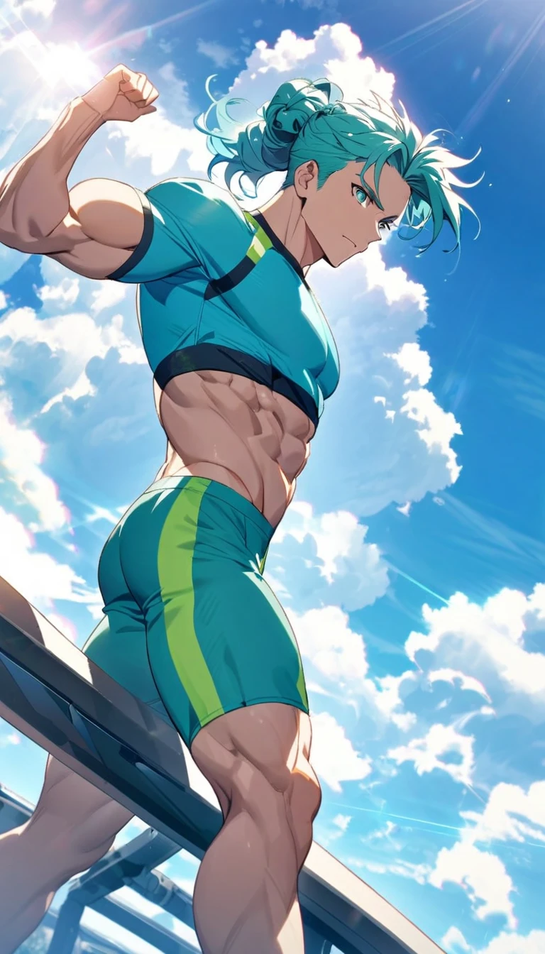 A muscular man wearing a sky blue and green fitness outfit,Cool hairstyle,Blue sky and white clouds,Sunlight