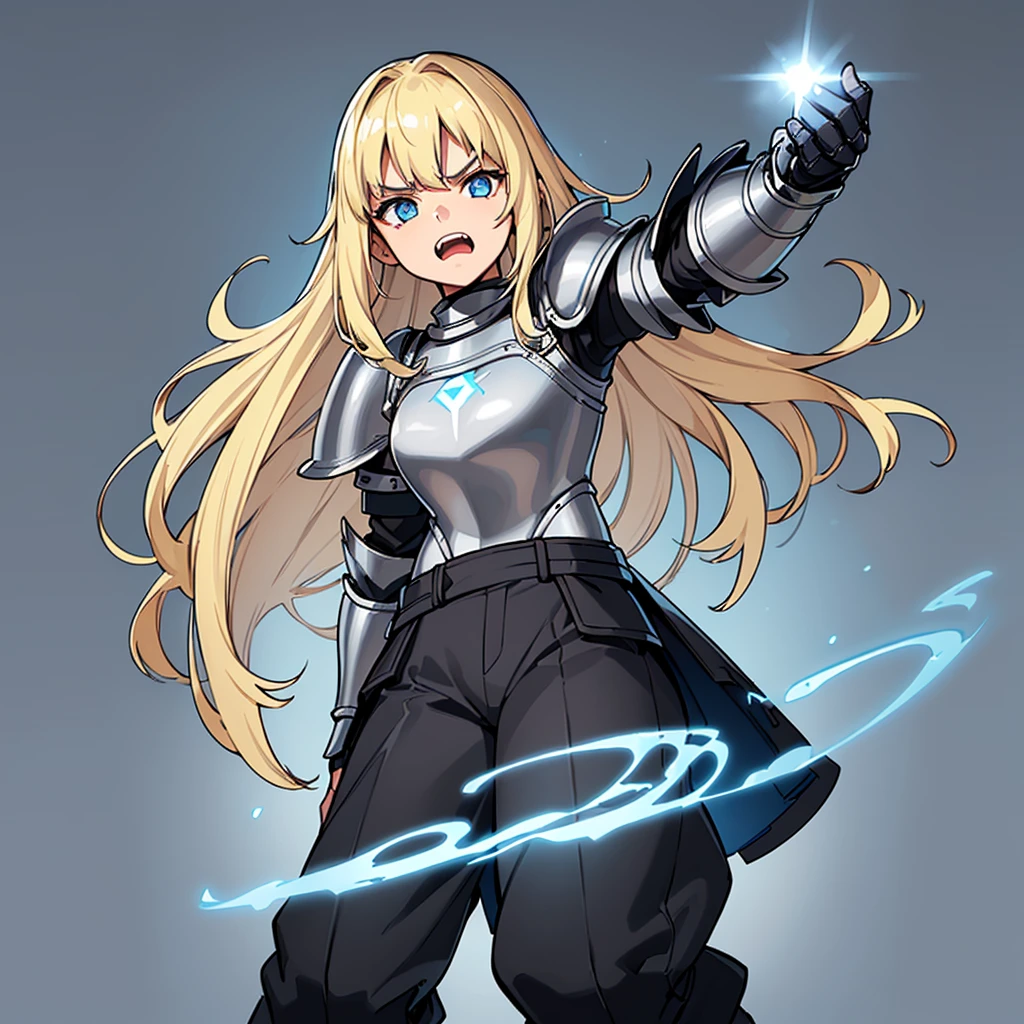 (((Solo)))、(Full body character concept)、Highest quality, Best Quality、(((Gray simple armor、Black trousers))、(woman、18-year-old)、(Blonde、Long Hair)、(Simple Background)、(get annoyed、Open your mouth)、(From below)、Glowing blue aura、Shining Light
