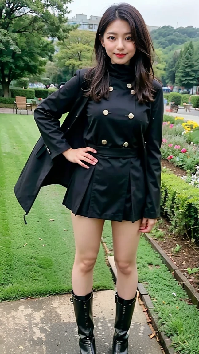 (8K、RAW Photos、Highest quality、masterpiece:1.2)、(Realistic、Realistic)、1 Girl、((Black coat、one piece、Black mini skirt、boots、Big Breasts、whole body、garden、View from the front、Looking into the camera、Stand with one hand on your hip))、