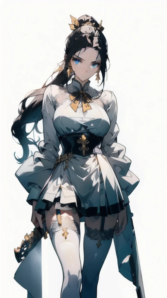 ((masterpiece, best quality)), Delicate face，Sword Princess，gold，whole body，Long legs，Large Breasts，Gradient double ponytail，Perfect body proportions，beautiful eyes，Extremely beautiful，transparent， Pure white background，sexly_比基尼，Ribbon，Lace，Garter stockings