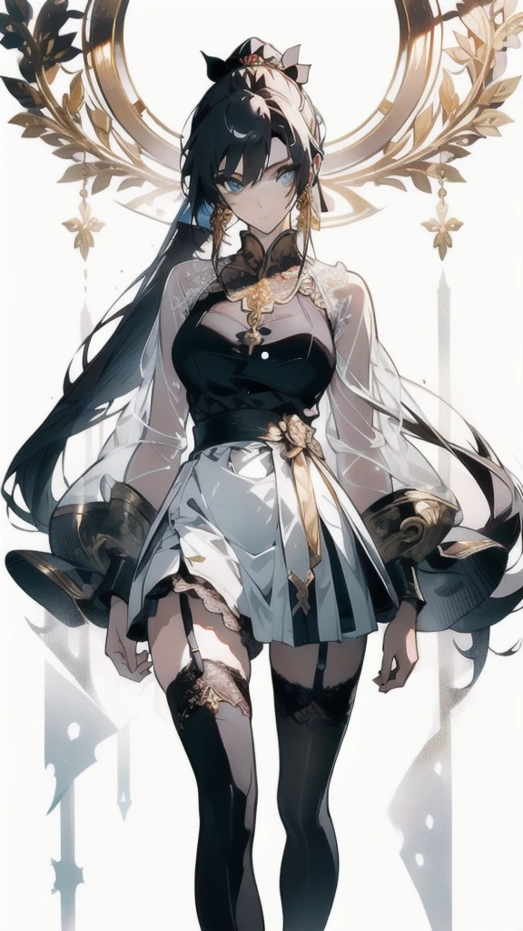 ((masterpiece, best quality)), Delicate face，Sword Princess，gold，whole body，Long legs，Large Breasts，Gradient double ponytail，Perfect body proportions，beautiful eyes，Extremely beautiful，， Pure white background，sexly_比基尼，Ribbon，Lace，Garter stockings