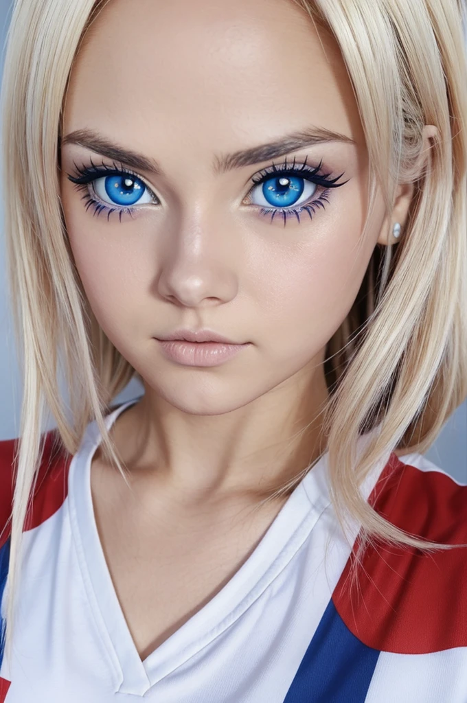 my hero AcAdemiA estilo Anime, chicA piel muy blAncA, pelo blAnco, blue eyes, mAquillAje rojo, fund u.A., 